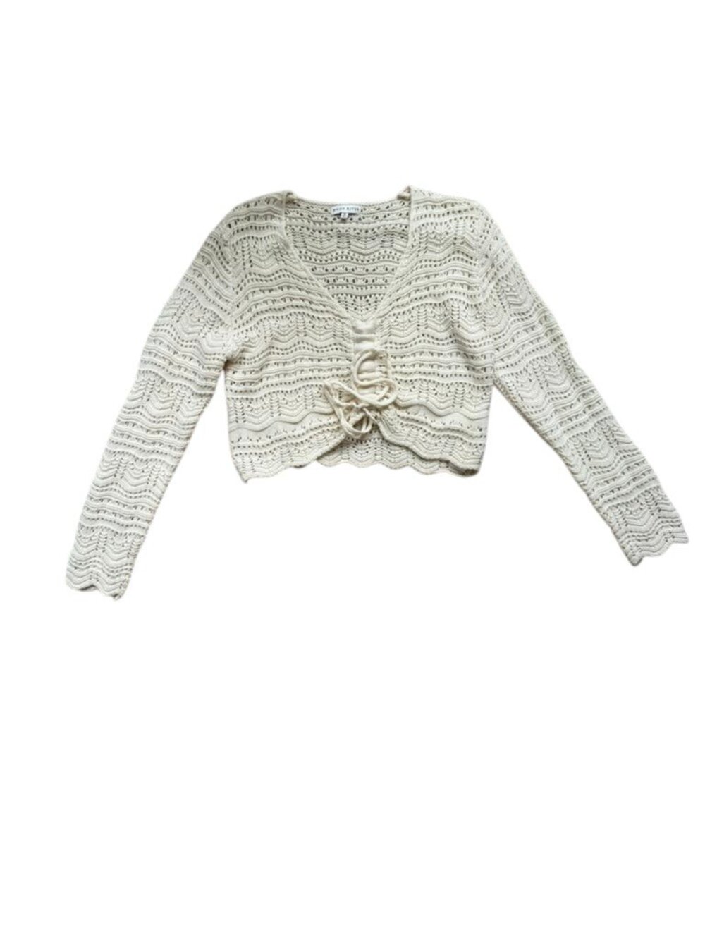 Moon River Crochet Knit Tie Front Crop Cardigan Sweater Ivory Size M Boho.